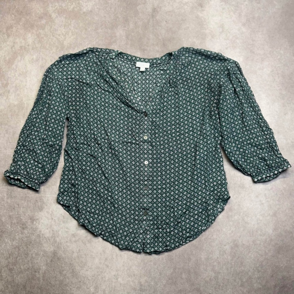 J. Jill Green Geometric Floral Rayon Button Front 3/4 Sleeve Blouse Large